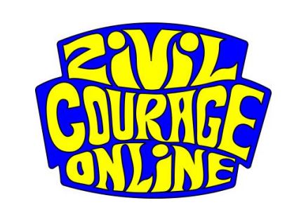 Logo der Zivilcourage Online Materialien. Es zeigt einen geschwungenen Schriftzug in gelb auf blauem Grund 