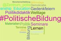 Auf hellgrünem Hintergrund ist eine bunte Wordcloud. Zentral steht Politische Bildung, weitere Begriffe sind unter anderem Welttage, Gedenkfeiern, Seminare, Lernen, Bildung, Politik... 