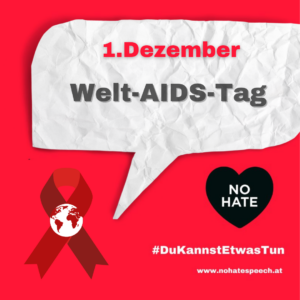 In einer weißen  Sprechblase vor rotem Hintergrund steht 1. Dezember und Welt AIDS Tag