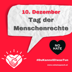 Instagram Sujet auf dem 10- Dezember und Tag der Menschenrechte in einer weißen Sürechblase vor rotem Hintergrund steht.
