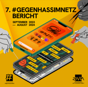 Deckblatt des Hass im Netz Berichts. Abgebildet sind illustrierte Hände die an einem Handy arbeiten.