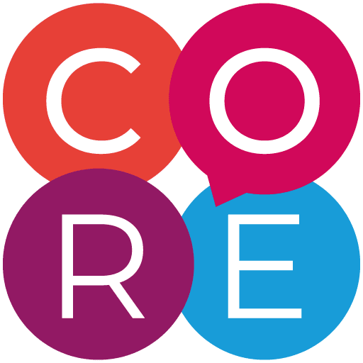 Das Logo "Core. Jeder Buchstabe ist in einem eigenen Kreis in den Farben orange, rosa, lila und blau.