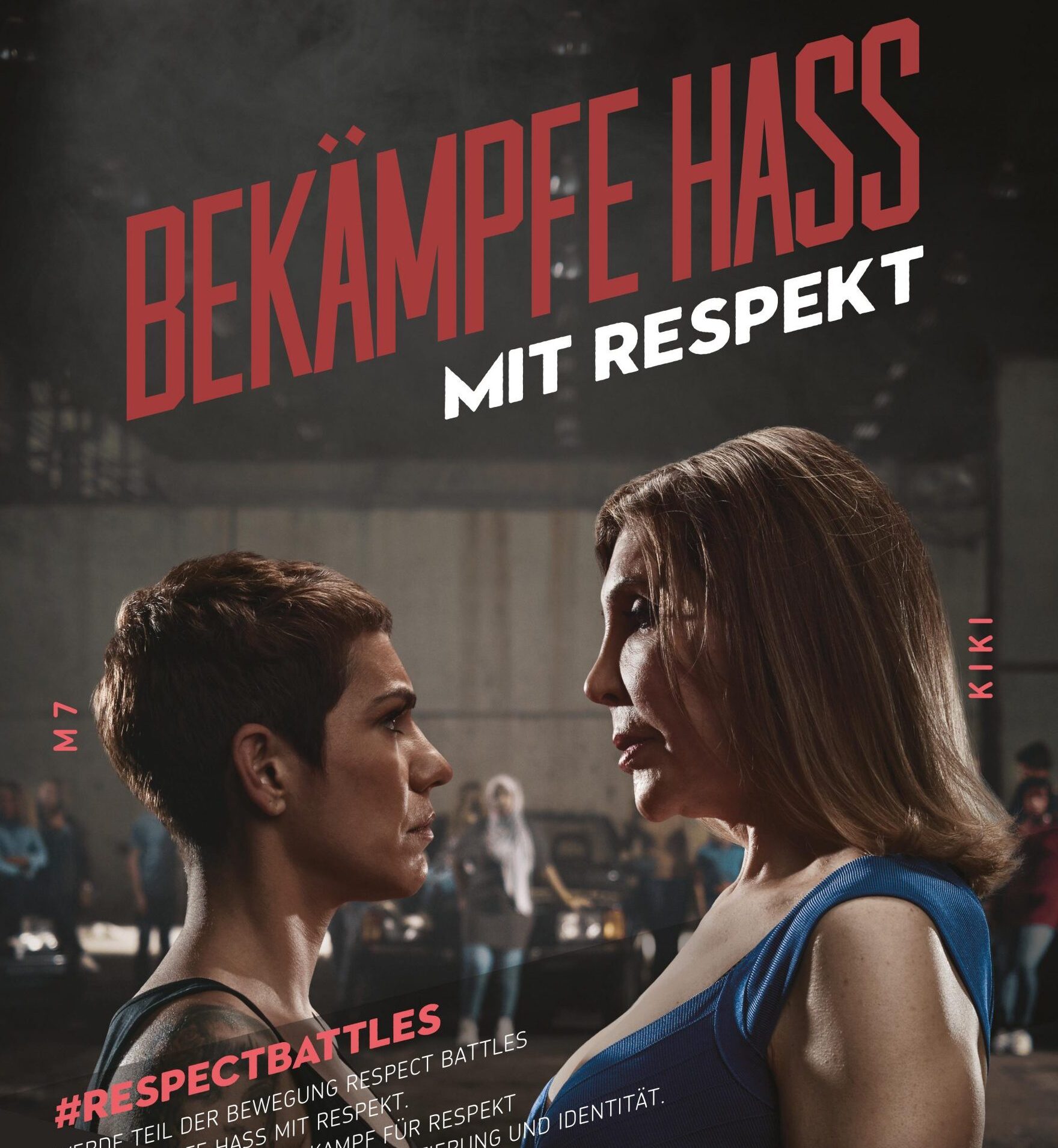 Das Bild von zwei Frauen, die sich streng in die Augen schauen. Darüber steht bekämpfe Hass mit Respekt. Links unten im Bild steht Respectbattles werde Teil der Bewegung respect battles und bekämpfe Hass mit Respekt. Wir zählen auf dich im Kampf für Respekt unabhängig von sexueller Orientierung und Identität.