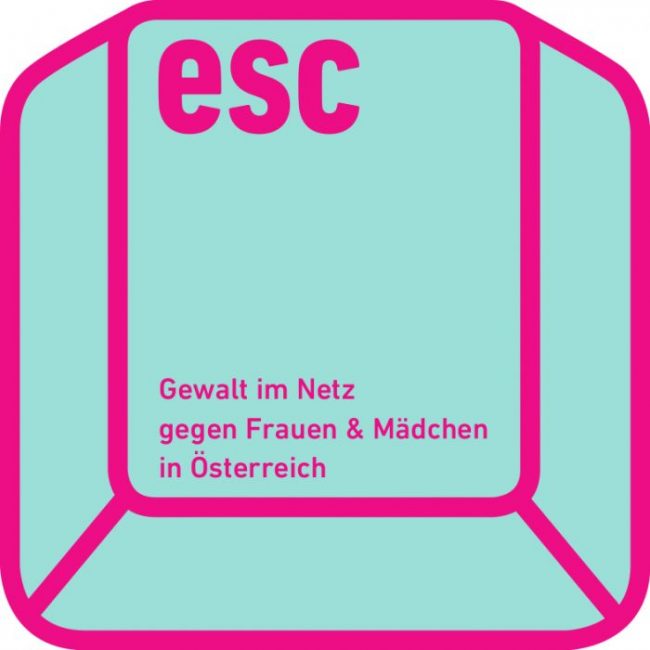 Der escape Knopf einer Tastatur illustriert in türkis mit rosa Umrandung. Im linken unteren Eck der Tastatur steht Gewalt im Netz gegen Frauen und Mädchen in Österreich