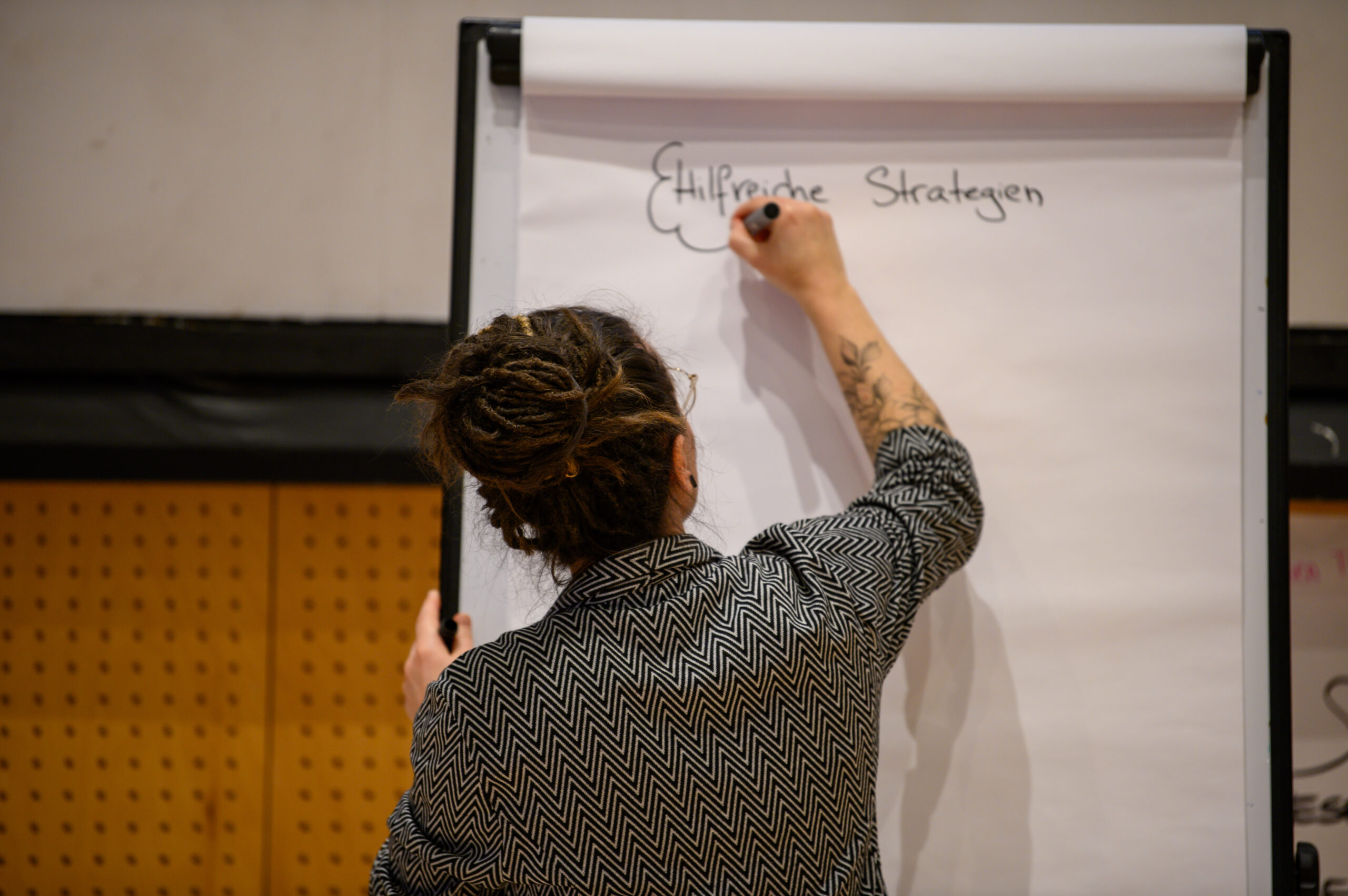 Eine Frau von hinten fotografiert während sie auf ein Flipchart eine Wolke um die Worte "hilfreiche Strategien" zeichnet.