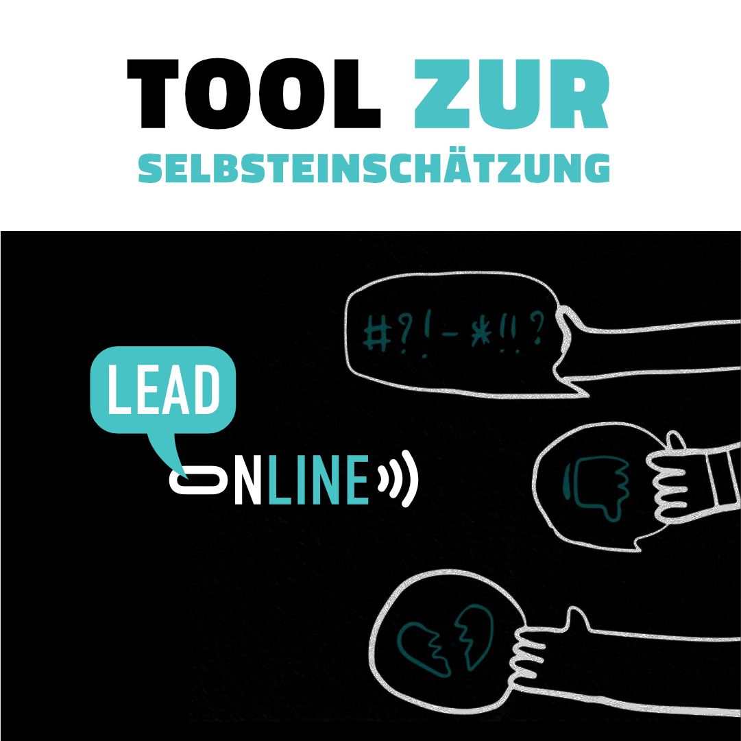 Oben der Text "Tool zur Selbsteinschätzung" darunter Illustrierte Hände, die Sprechblasen mit Emojis halten wie "Daumen runter" oder "gebrochenes Herz". Links neben der Illustration steht Lead online