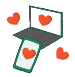 Illustration eines Handys und eines Laptops auf deren Bildschirme Herzen sind