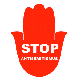 Rote illustrierte Hand mit den Worten in der Mitte "Stop Antisemitismus"